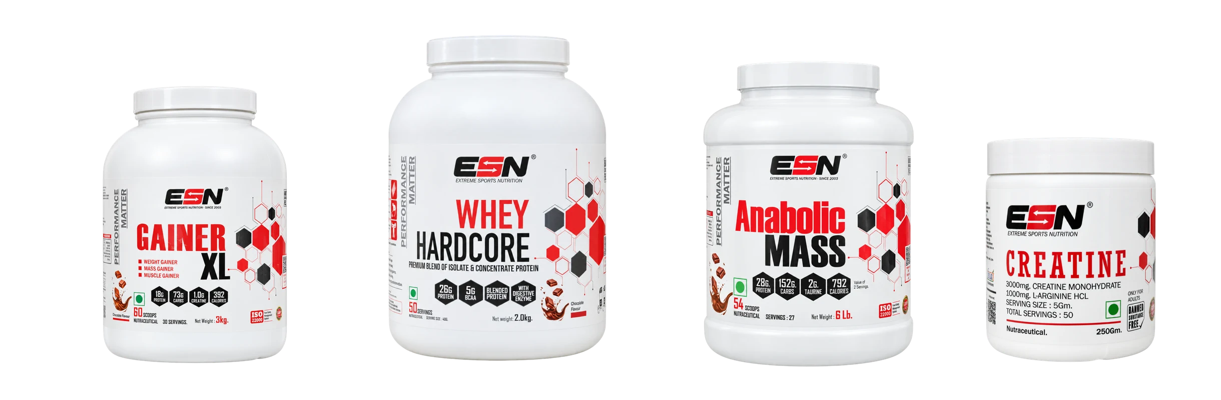 The ESN range — mass gainer, whey protein, anabolic mass and creatine